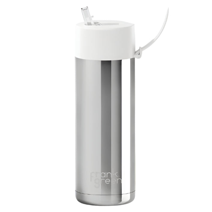 Ceramic Reusable Bottle with Straw Lid 595mL - Silver with Cloud Lid