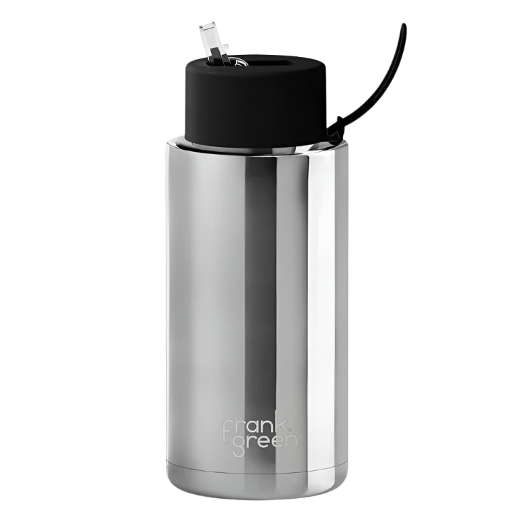 Ceramic Reusable Bottle With Straw Lid 1L - Silver with Midnight Lid