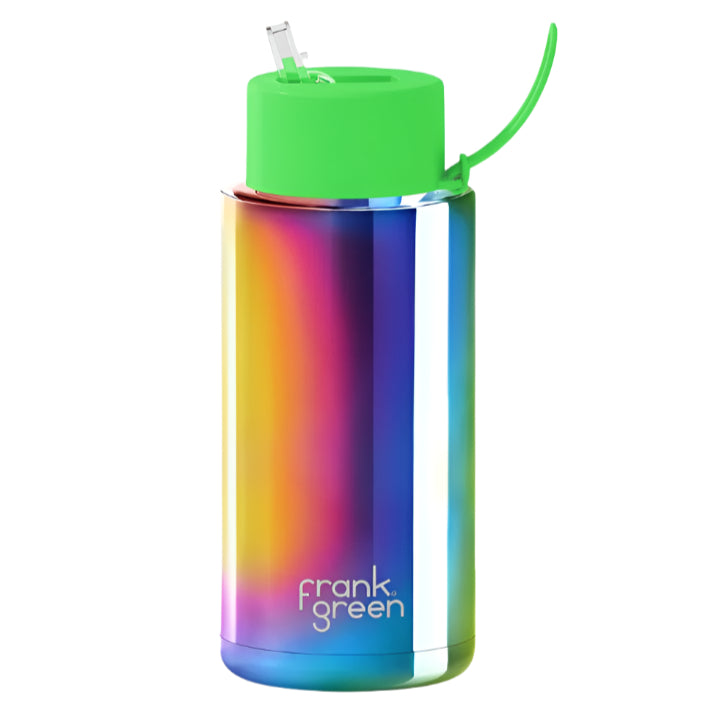 Ceramic Reusable Bottle With Straw Lid 1L - Rainbow with Neon Green Lid