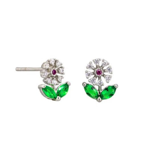 Garden Flower Crystal Stud Earrings - Silver