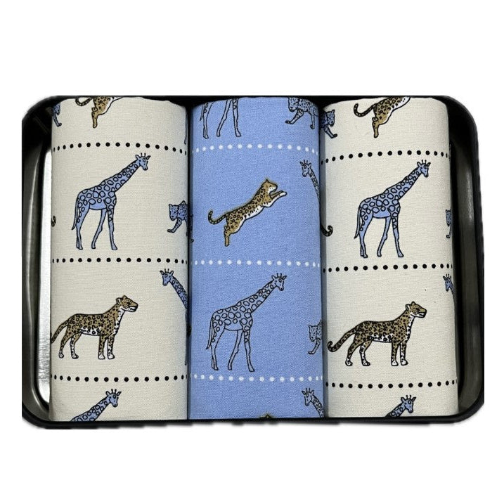 Black Tin of 3 Handkerchiefs - Giraffe & Leopards