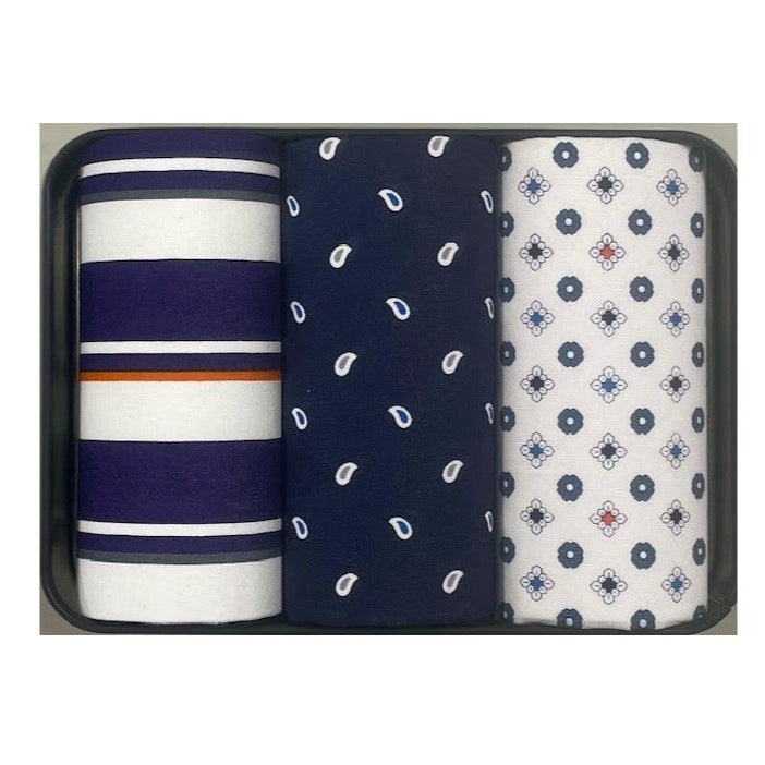 Black Tin of 3 Handkerchiefs - Stripe & Paisley