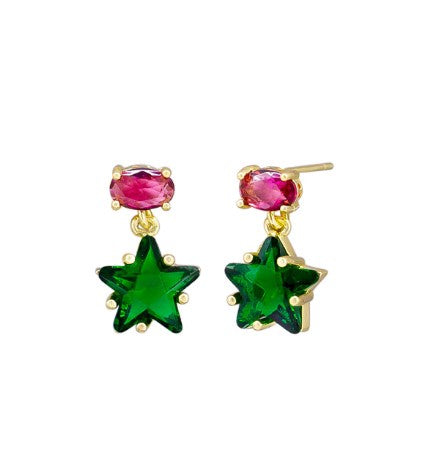 Crystal Star Gold Drop Stud Earrings - Green