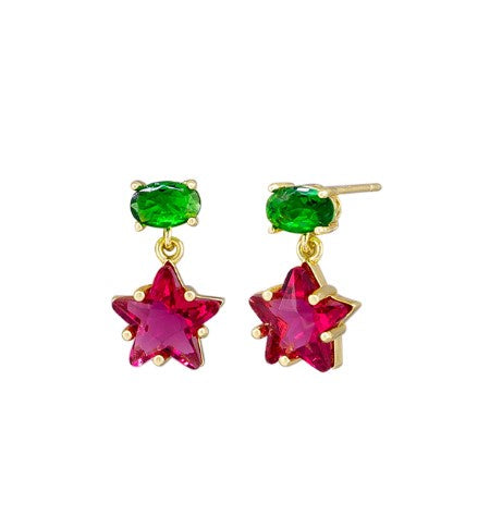 Crystal Star Gold Drop Stud Earrings - Red