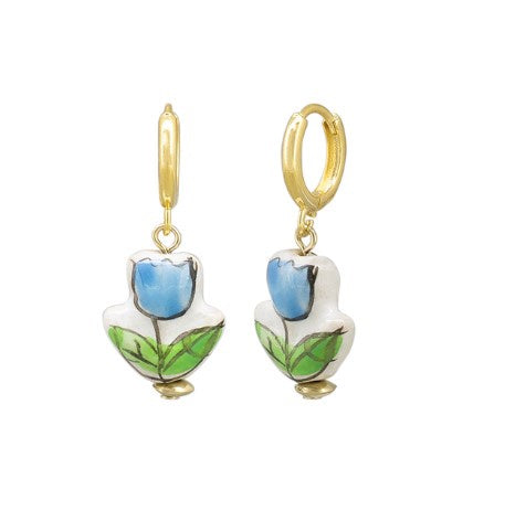 Ceramic Flower Huggie Earrings - Blue