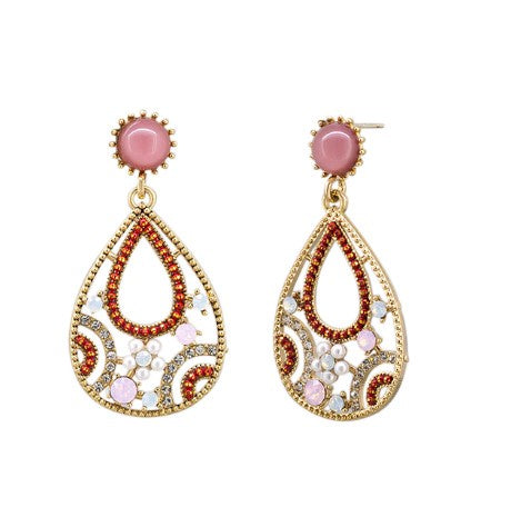 Alessandra Pink Crystal Stud Drop Earrings - Gold