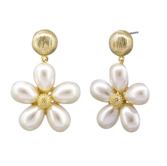 Fiora Gold & Pearl Flower Drop Stud Earrings