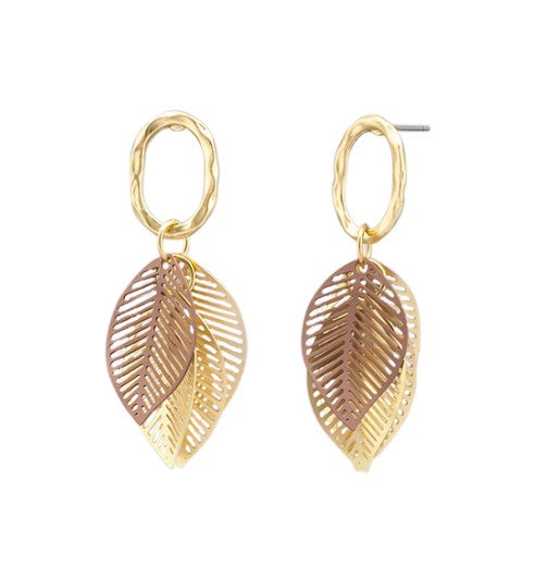 Leaf Cluster Drop Stud Earrings - Gold