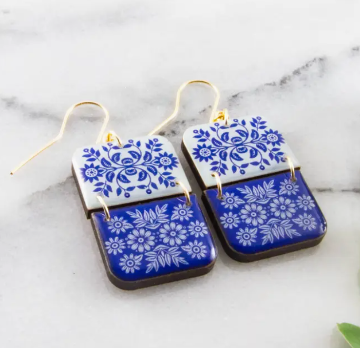 Half Rectangle Stack Drop Earrings - Blue Scandinavian Floral