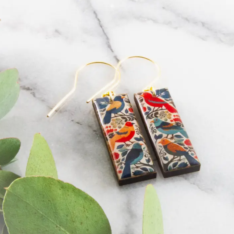 Rectangle Earrings - Scandi Autumn Birds
