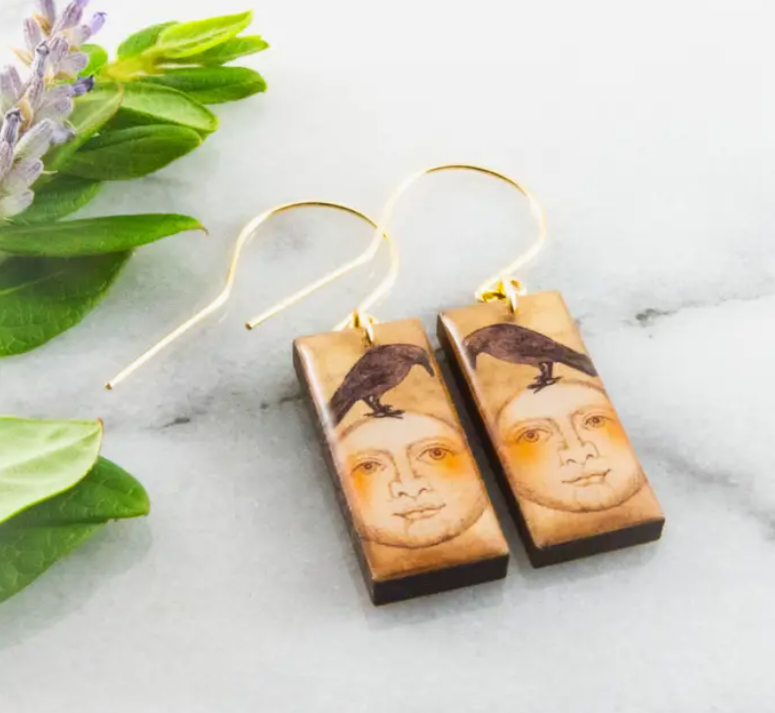 Rectangle Drop Earrings - Vintage Moon & Crow