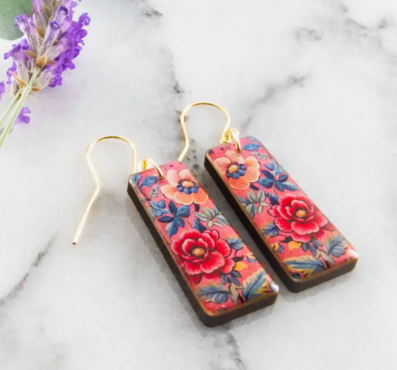 Tapered Rectangle Drop Earrings - Rococo Pink Floral
