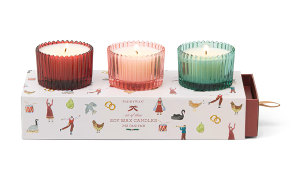 Holiday Ribbed Glass Candle Set - Red, Green & Pink