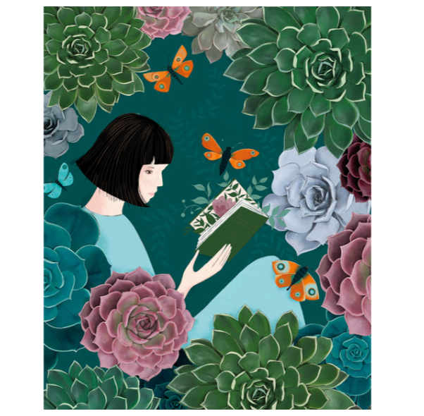Woman Reading Among Succulents