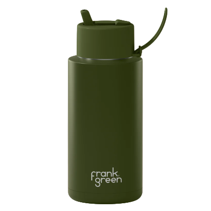 1L Ceramic Bottle + Flip Straw Lid - Khaki