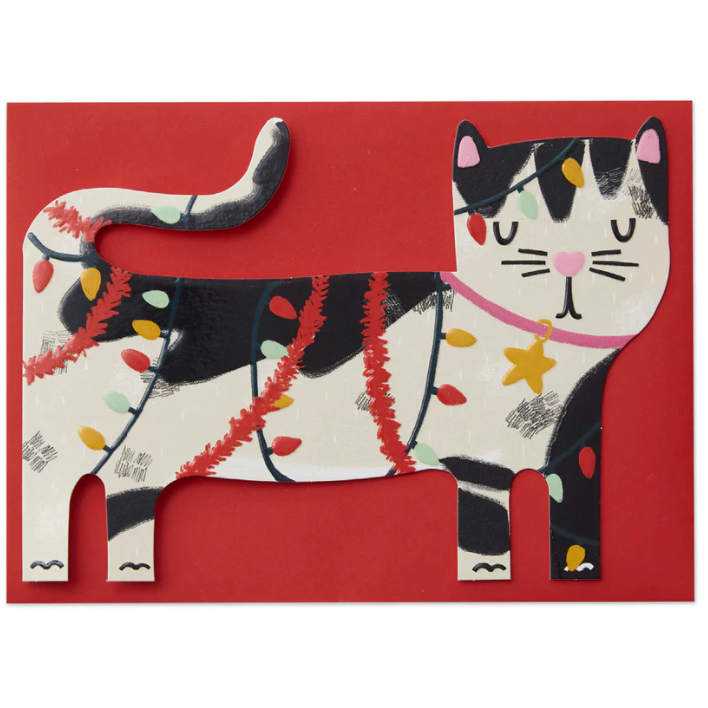 White Cat Christmas Lights Card