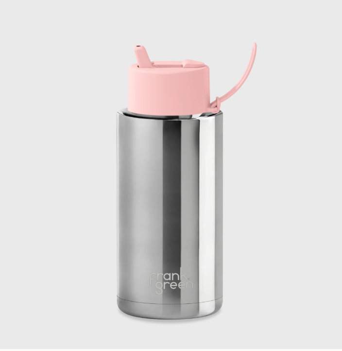 1L Ceramic Bottle + Flip Straw Lid - Silver with Lid Blushed