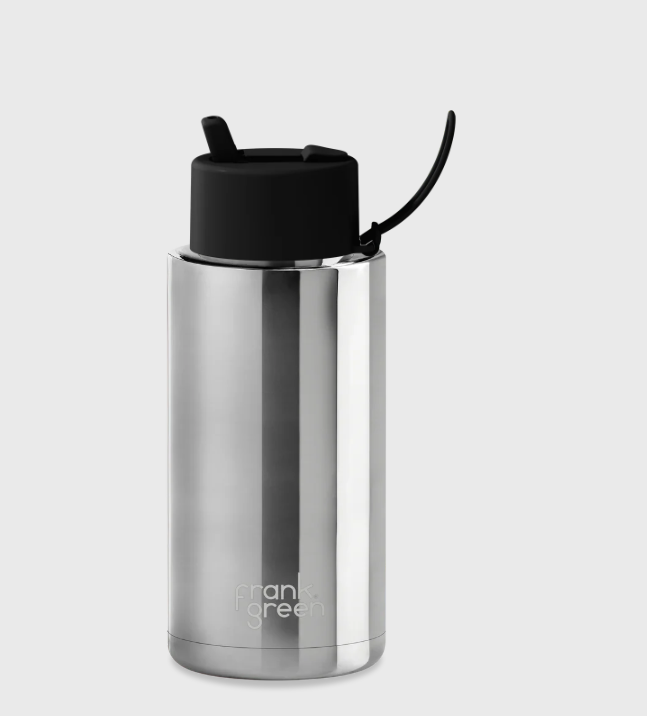 Ceramic Reusable Bottle With Flip Straw Lid 1L - Silver with Lid Midnight