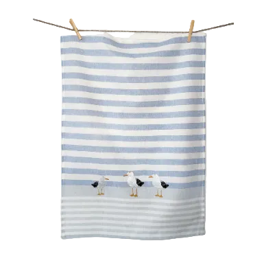 Linen & Cotton Tea Towel - Ocean Three Seagulls