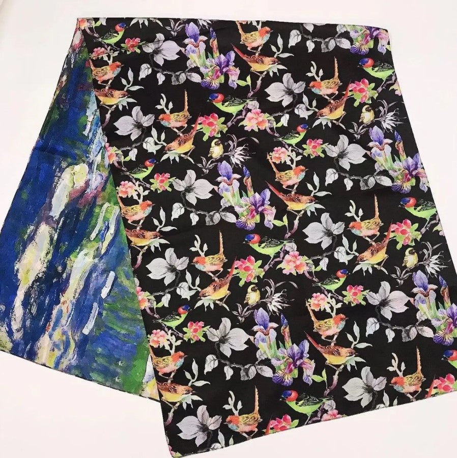 Reversible Silk Scarf - Colourful Birds / Pond