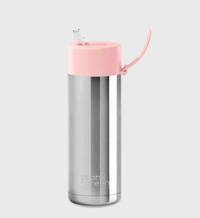 595mL Ceramic Bottle + Flip Straw Lid - Silver with Blushed Lid