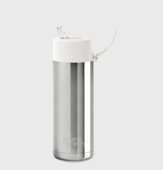 595mL Ceramic Bottle + Flip Straw Lid - Silver with Cloud Lid