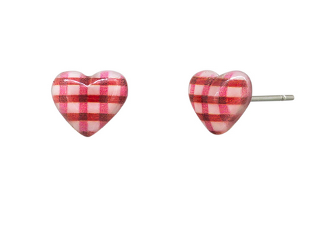 Gingham Heart Studs - Red