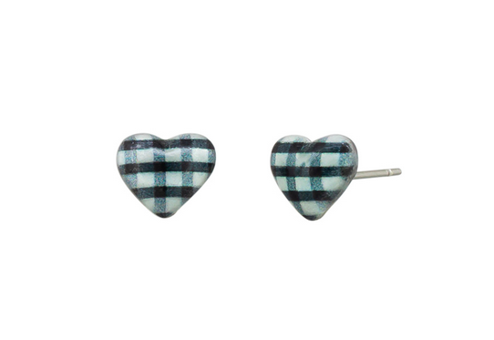 Gingham Heart Studs - Black