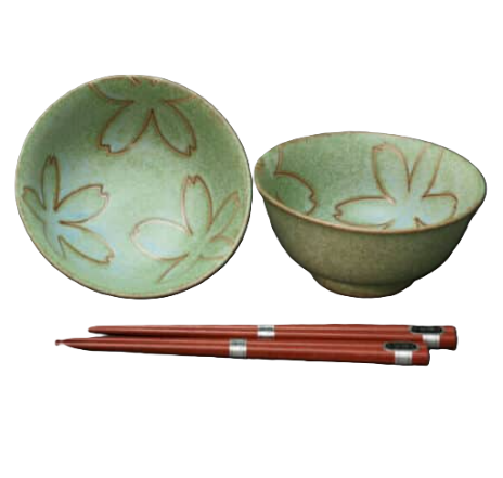 Bowl & Chopstick Set - Yaezakura Green