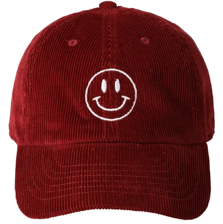 Embroidered Baseball Cap Corduroy - Happy Face - Burgundy
