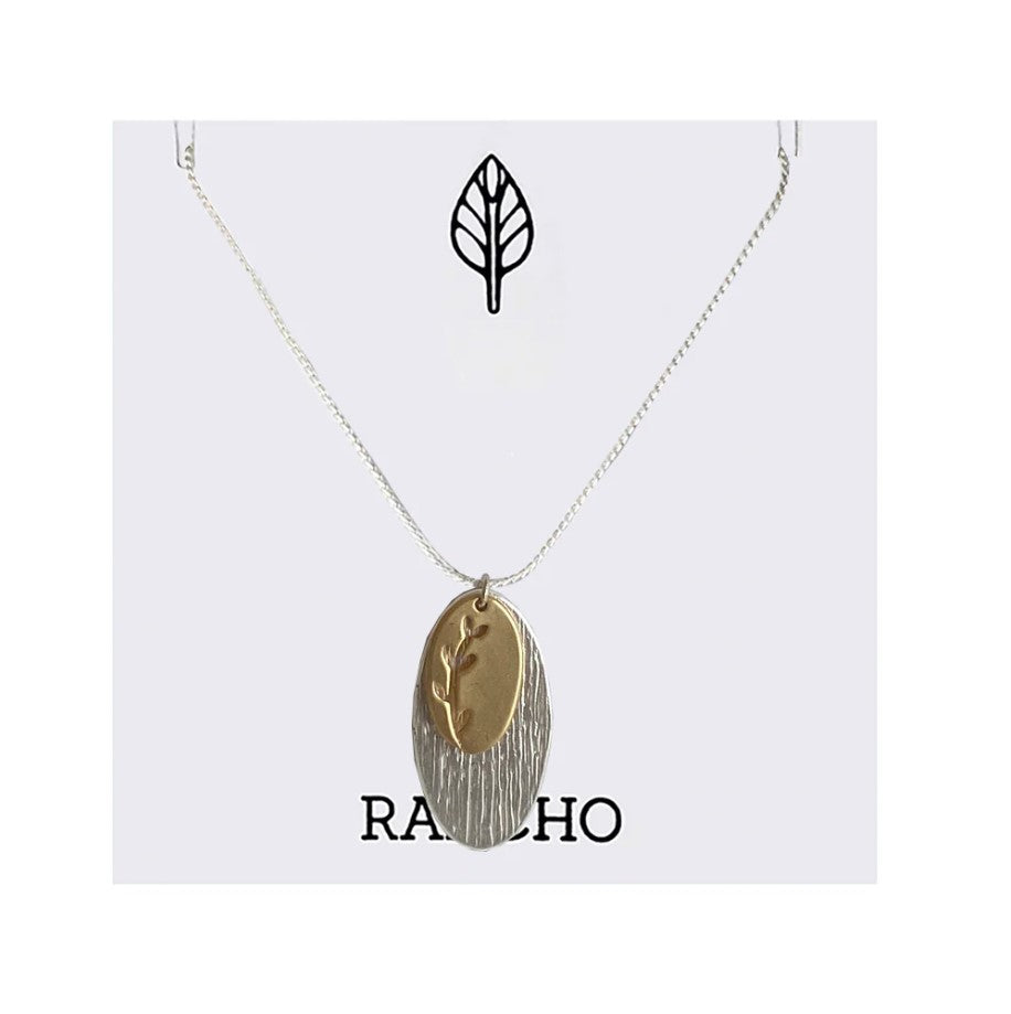 Gold Grass Oval + Silver Hammered Oval on Grey Cord Necklace