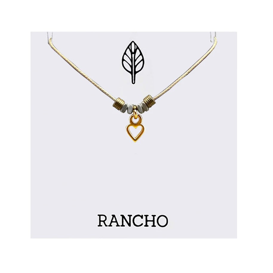 Gold Hollow Heart + Collar/Spacer Beads on Tan Cord Necklace