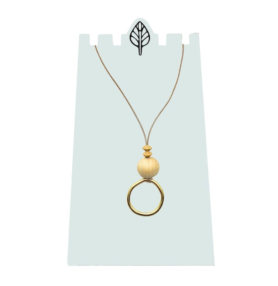 Gold Ring with Large Wood Ball + Abacus Beads on Tan Cord Necklace