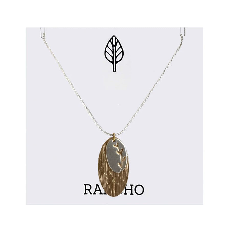 Silver Grass Oval + Gold Hammered Oval on Tan Cord Necklace
