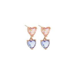 Crystal Heart Duo Drop Stud Earrings - Rose Gold