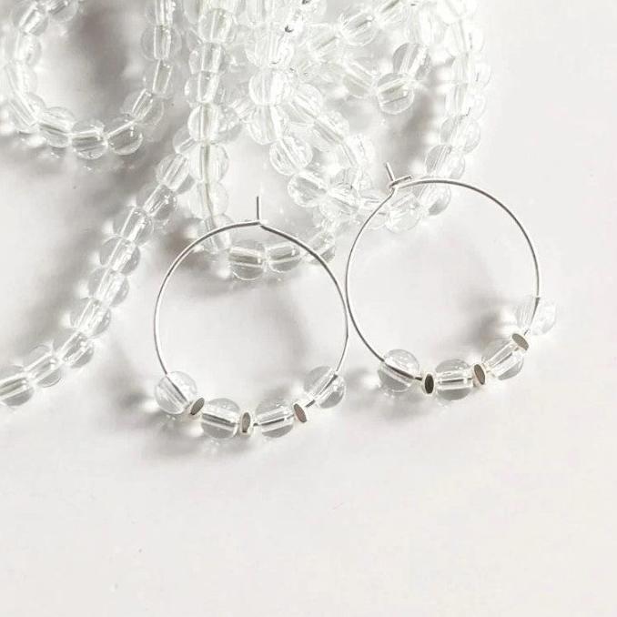 Large Silver Hoop Earrings With Clear Glass Beads