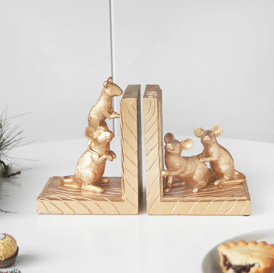 Mouse Bookend Set - Gold