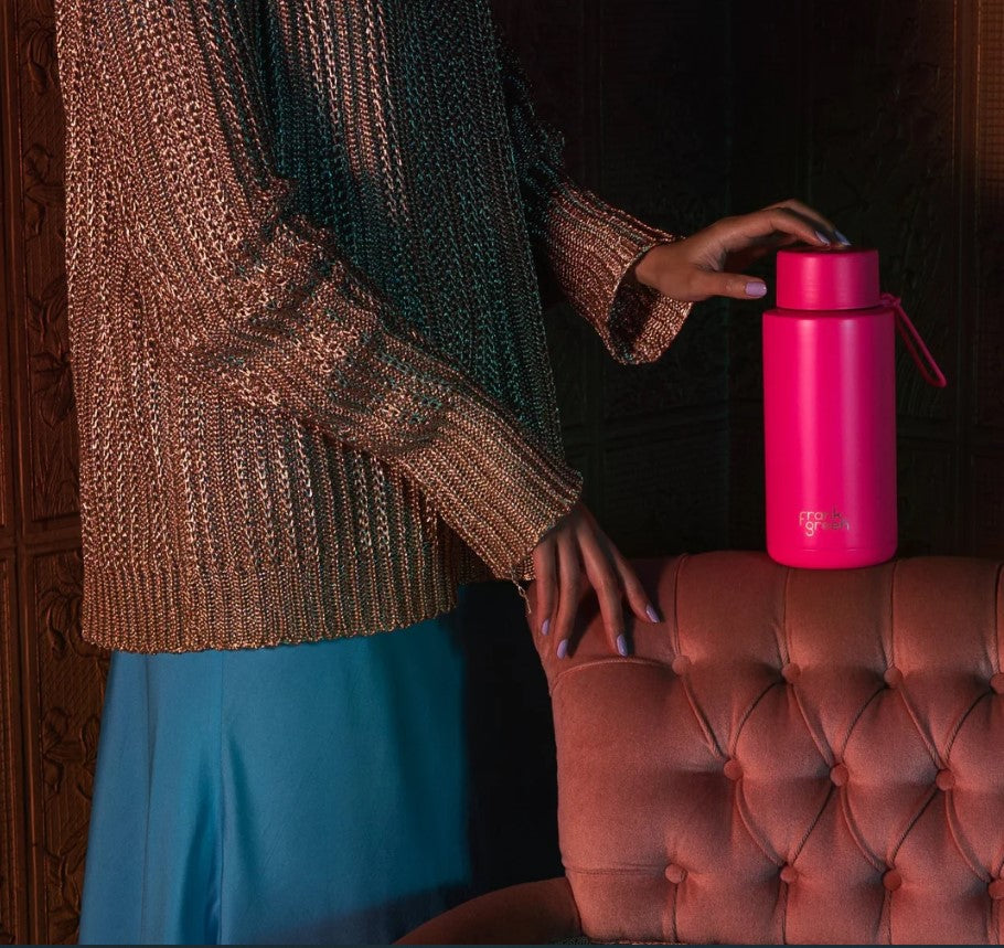 Ceramic Reusable Bottle With Straw Lid 1L - Neon Pink