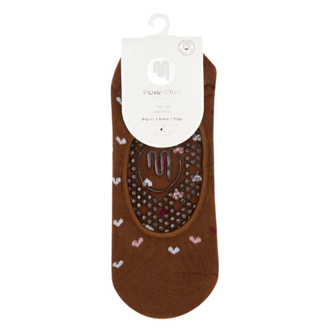 Slide On Grip Socks - Hearts Aflutter Brown