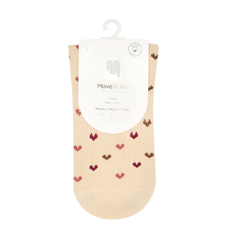 Quarter Crew Grip Socks - Hearts Aflutter Beige