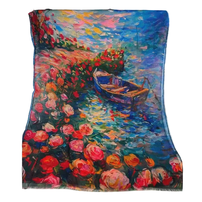 Cotton Scarf - Flowers & Boat