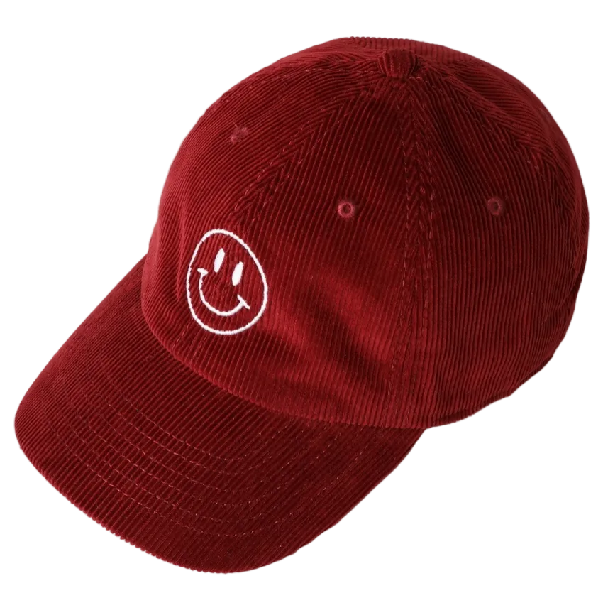 Embroidered Baseball Cap Corduroy - Happy Face - Burgundy