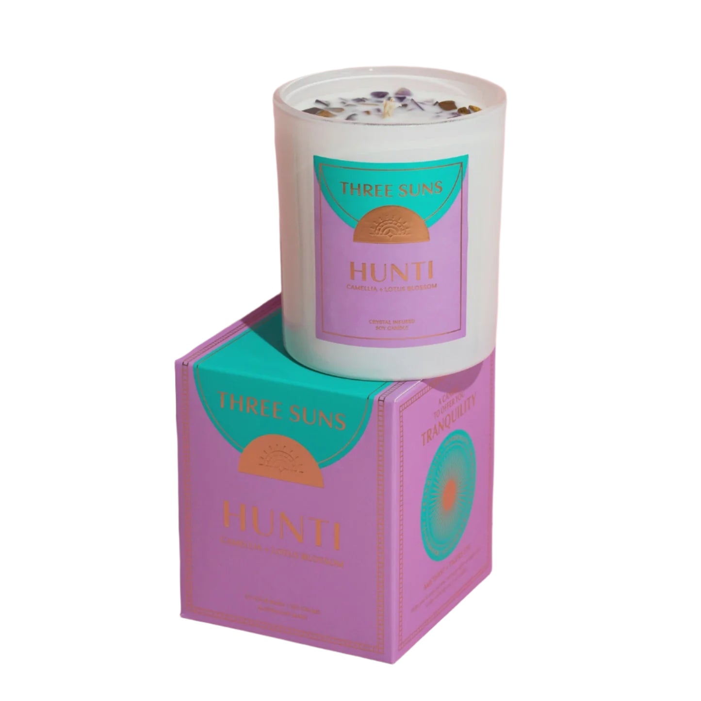 Crystal Infused Candle of Tranquillity - Hunti - Camellia & Lotus Blossom