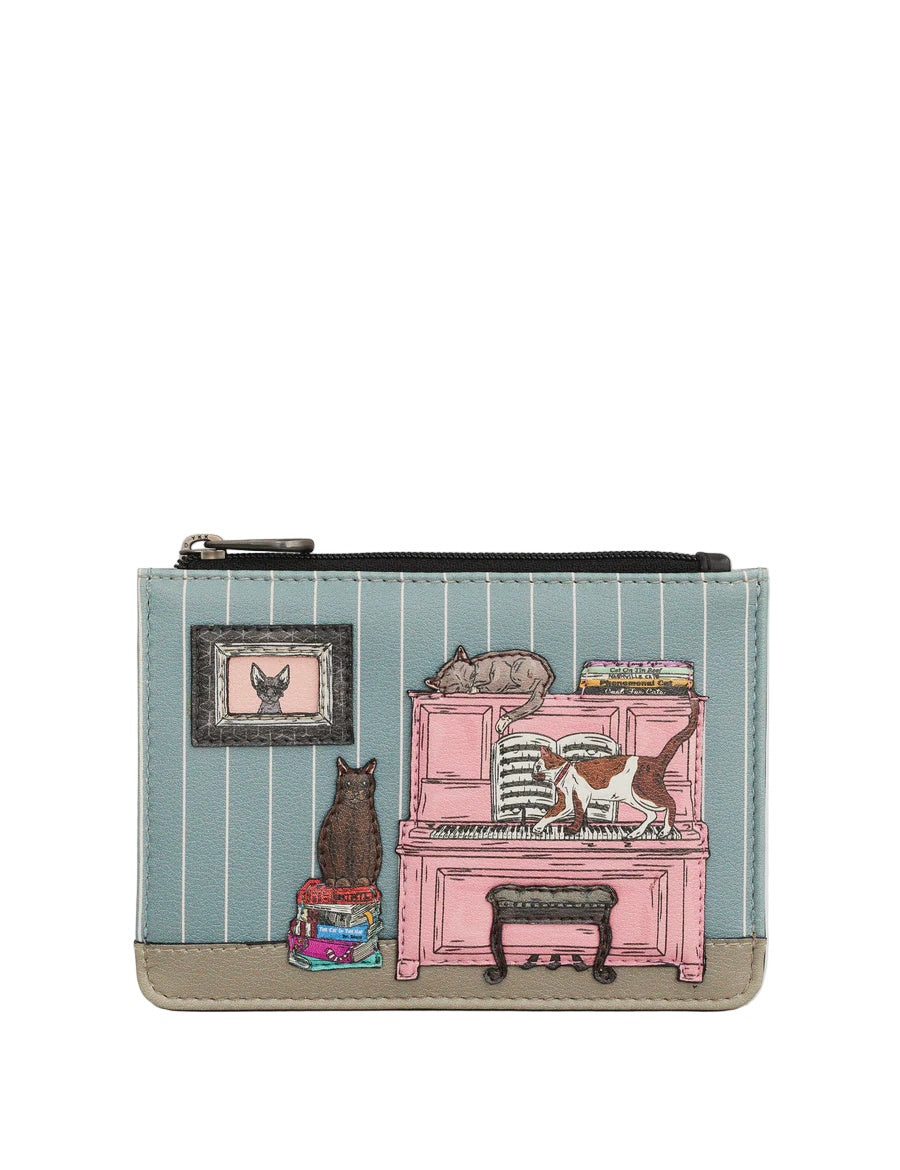 Zip Top Leather Purse - Piano Cats - Black