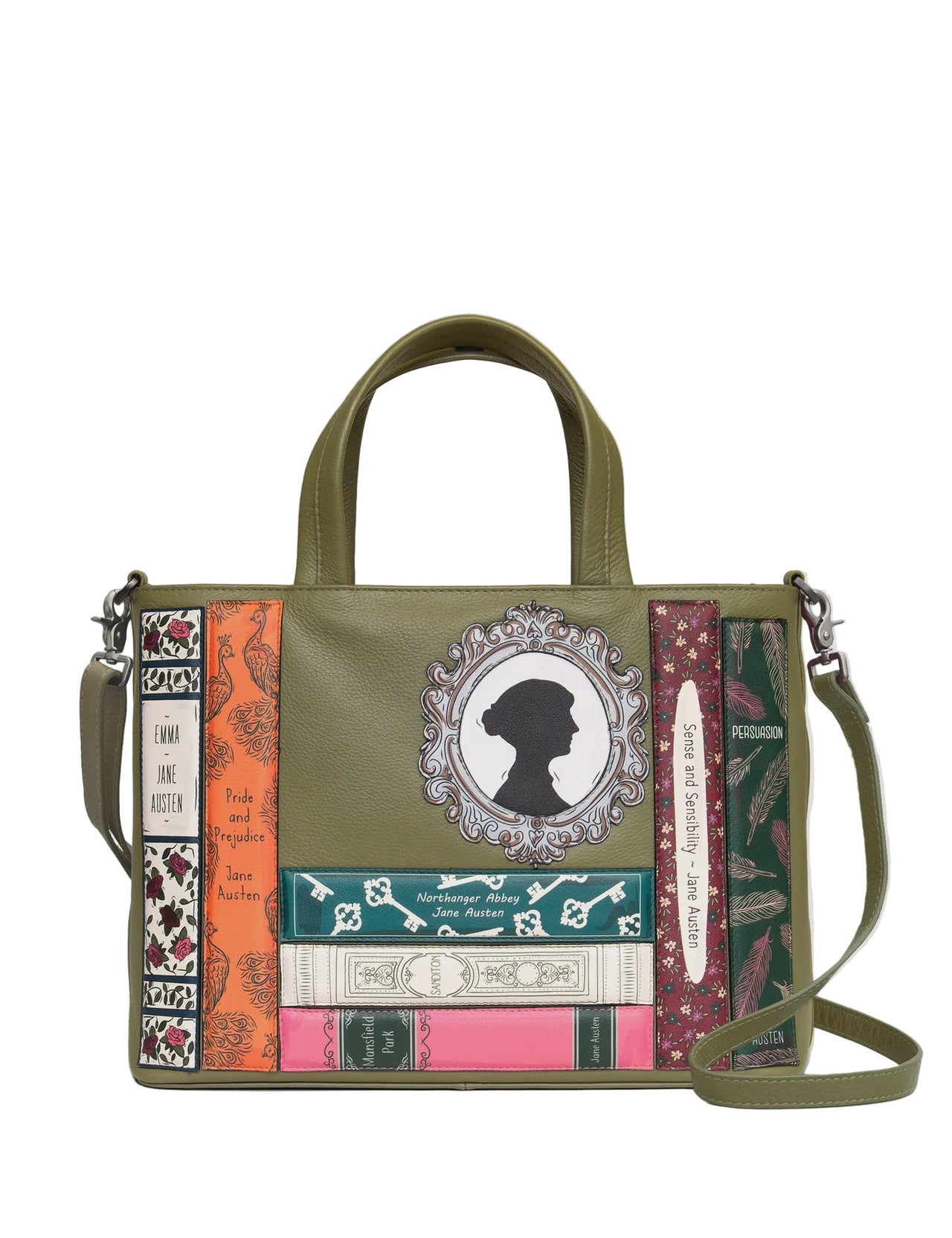 Leather Multiway Grab Bag - Jane Austen Bookworm Olive