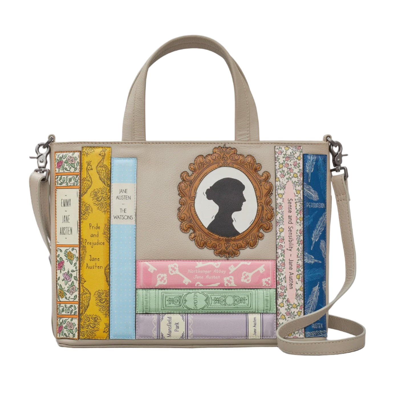 Leather Multiway Grab Bag - Jane Austen library Warm Grey