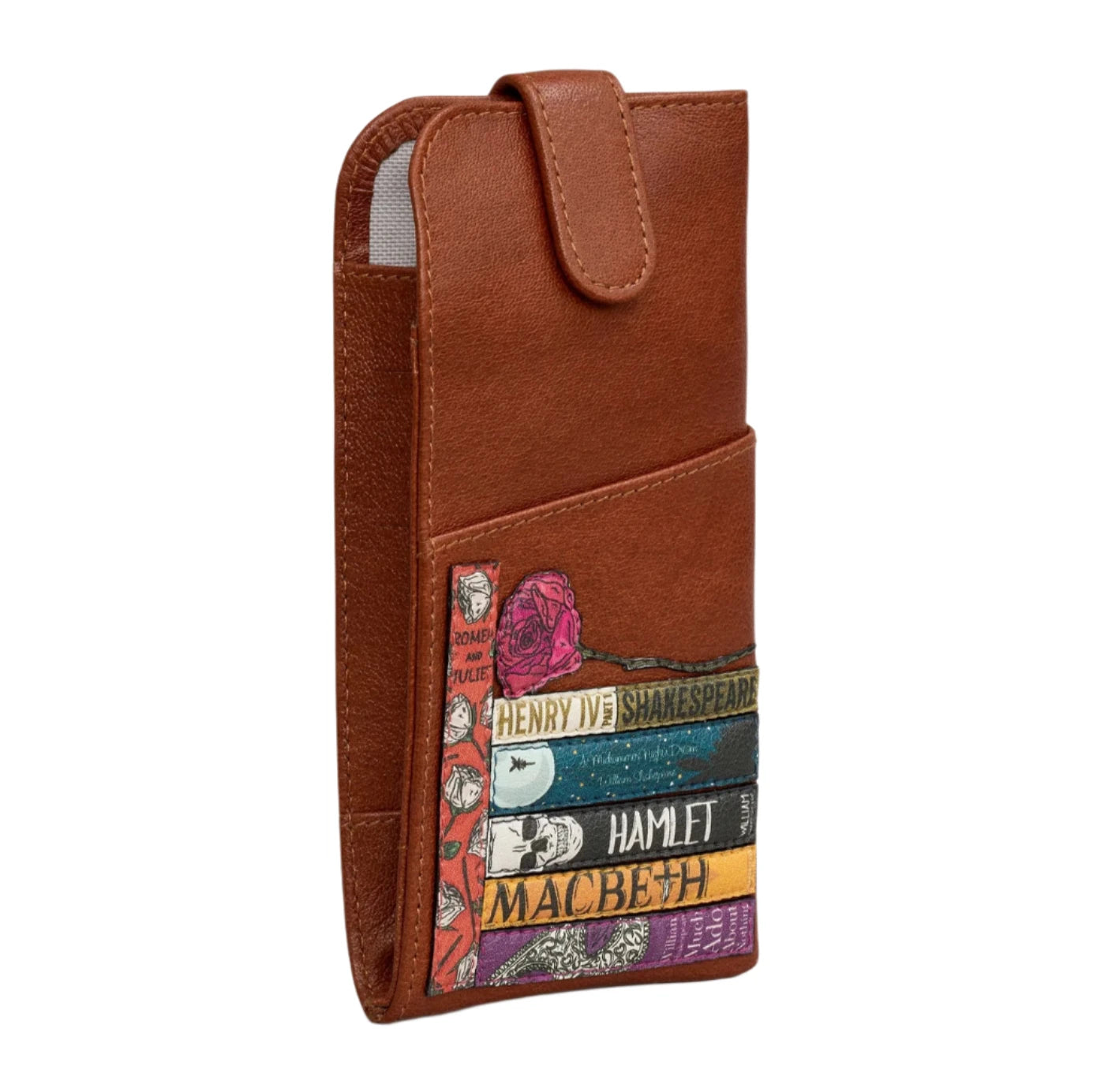 Leather Glasses Case With Tab - Bookworm Shakespeare  Brown