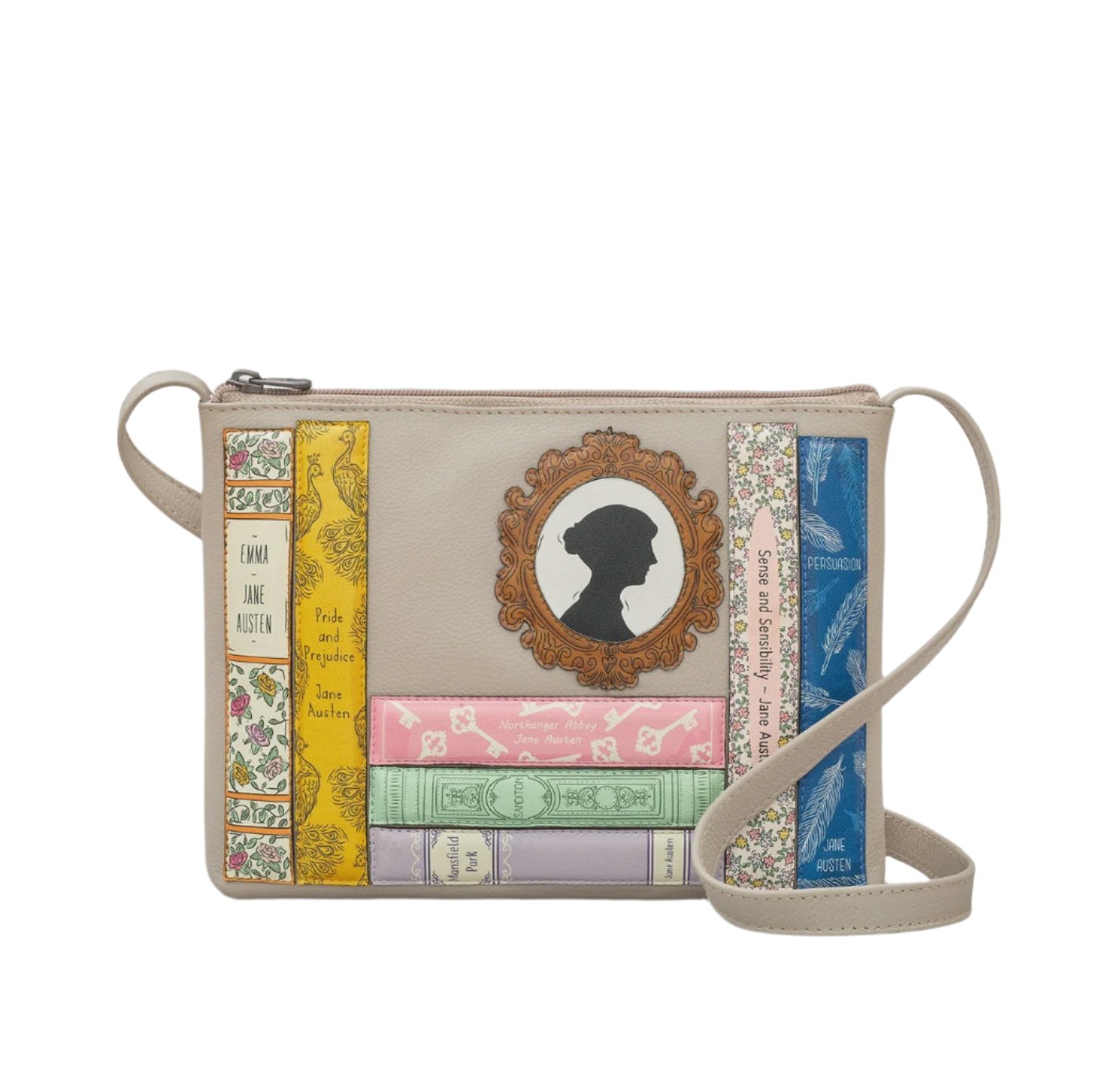 Cross Body Bag - Bookworm Austen, Warm Grey
