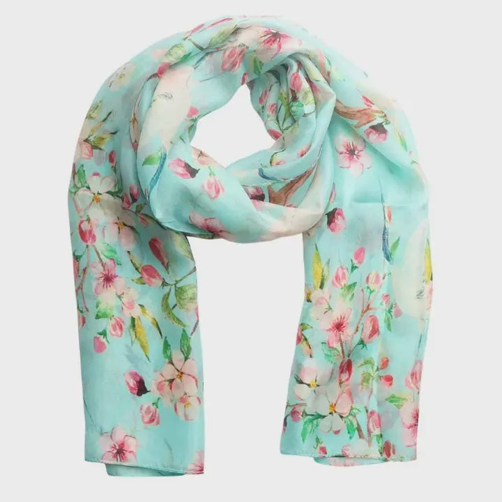 Floral Pure Silk Scarf - Teal Garden