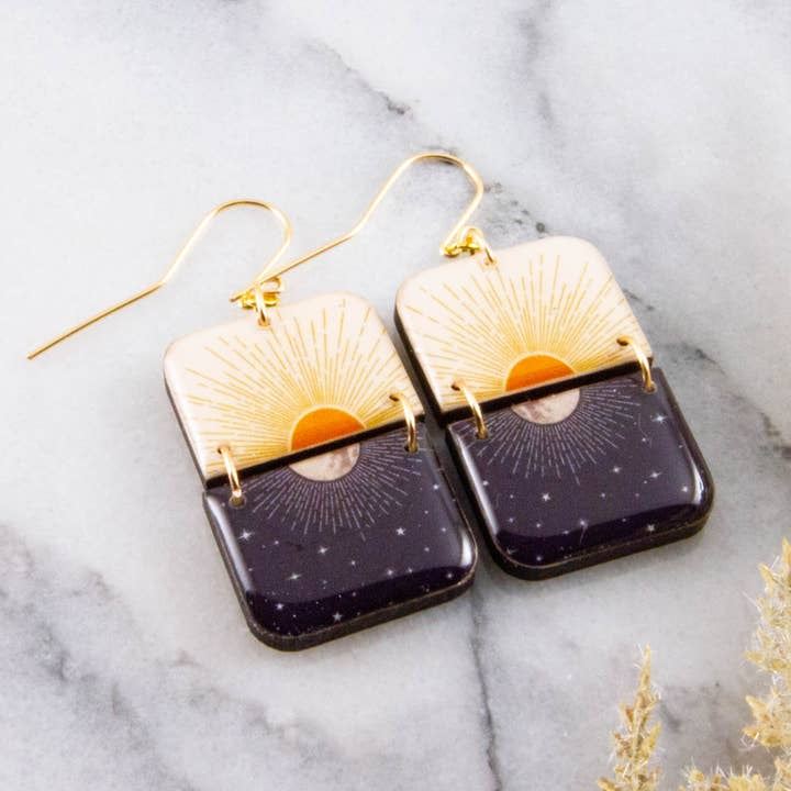 Half Rectangle Stack Drop Earrings - Sun + Moon